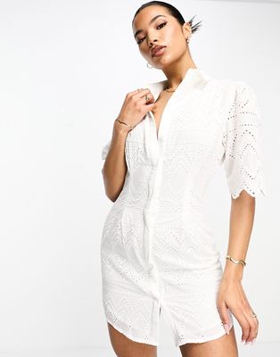 Aria Cove embroidered scalloped sleeve button-through mini dress in white
