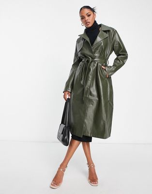 Aria Cove faux leather trench coat in khaki-Green