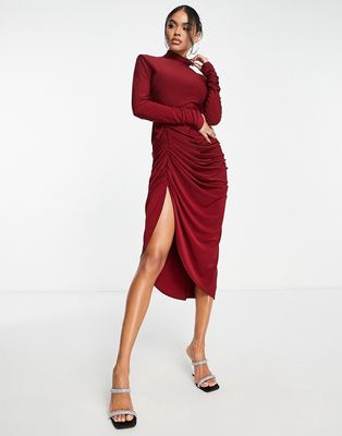 Aria Cove high neck ruched midi dress with thigh split in red