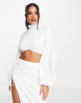 Aria Cove high neck volume sleeve cropped top in white - part of a set