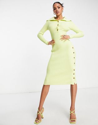 Aria Cove knit ribbed button detail midi sweater dress in lime-Green