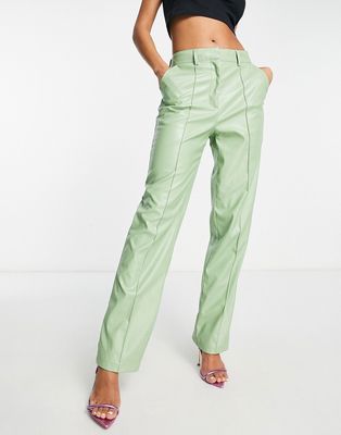 Aria Cove leather look seam detail straight leg pants in sage - part of a set-Green