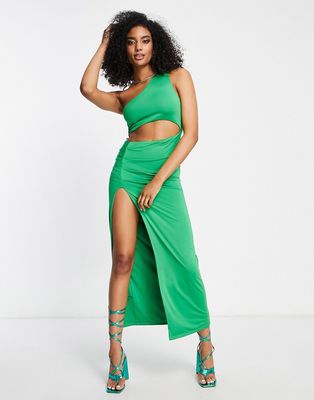 Aria Cove one shoulder cut out high thigh slit maxi dress in green