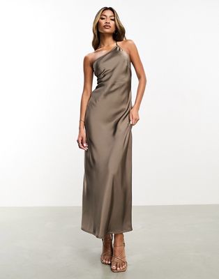 Aria Cove one shoulder low back satin maxi dress in mocha-Brown