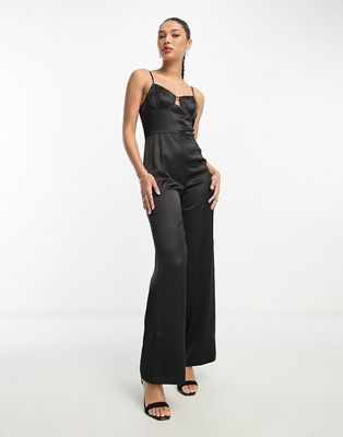 Aria Cove plunge satin cut-out bust detail wide leg jumpsuit in black