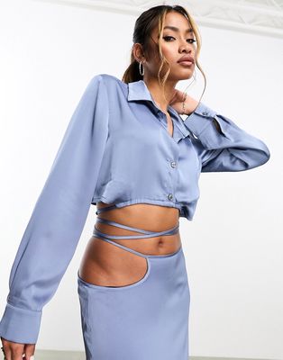 Aria Cove satin cropped wrap tie waist shirt in blue - part of a set