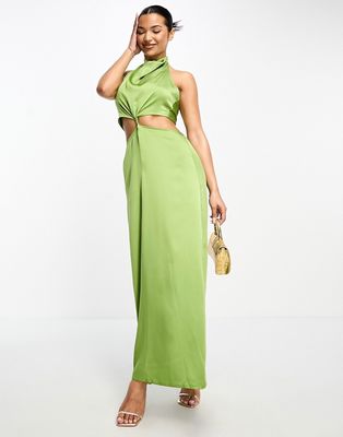 Aria Cove satin halterneck cut-out twist waist maxi dress in lime-Green