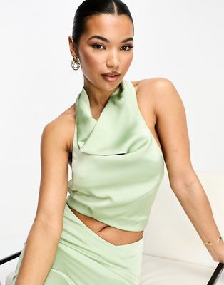 Aria Cove satin halterneck tie back top in sage green - part of a set