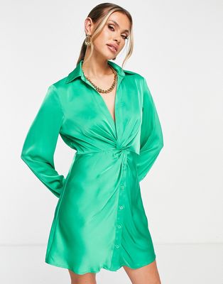 Aria Cove satin twist front mini shirt dress in green