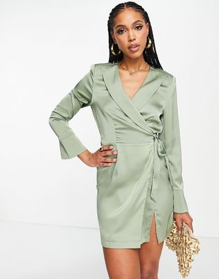 Aria Cove satin wrap dress with split detail in sage-Green