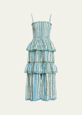 Ariella Square-Neck Smocked Tiered Poplin Midi Dress