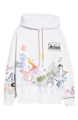 Aries Doodle Cotton Hoodie in Wht White