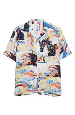 Aries Panthera Short Sleeve Button-Up Camp Shirt in White Multi