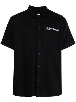 Aries slogan-embroidered cotton shirt - Black