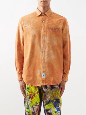 Aries - Temple-print Striped Cotton-oxford Shirt - Mens - Orange