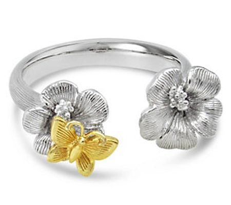 Ariva Sterling Silver Flower & Butterfly Cuff R ing