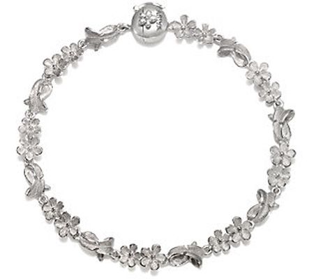 Ariva Sterling Silver Textured Flower & Leaf Li nk Bracelet