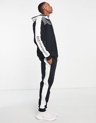 Armani EA7 color block hooded tracksuit in black/white/gray