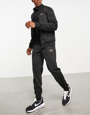 Armani EA7 Core ID tricot neck tracksuit in black with gold logo