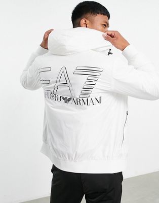 Armani EA7 zip through hooded bomber jacket with back print in white