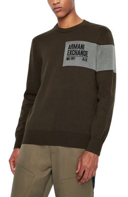 Armani Exchange Colorblock Logo Cotton Blend Sweater in Solid Medium Green