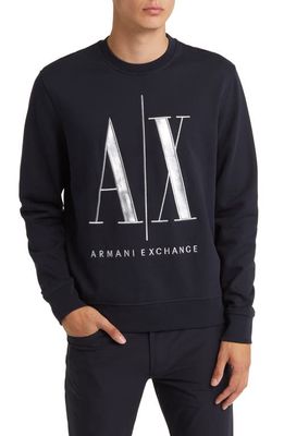 Armani Exchange Embroidered Metallic Icon Logo Sweatshirt in Navy