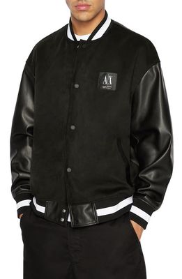 Armani Exchange Faux Leather Varsity Jacket in Black