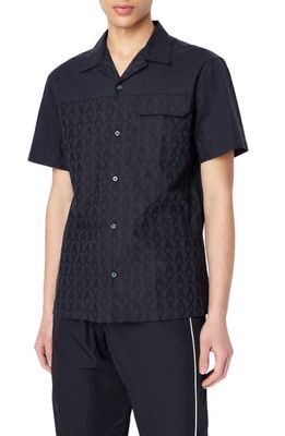 Armani Exchange Jacquard Monogram Short Sleeve Cotton Button-Up Shirt in Navy