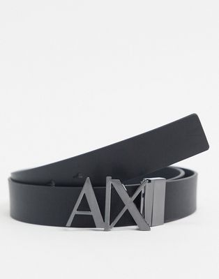 Armani Exchange logo buckle reversible leather belt in black/gray
