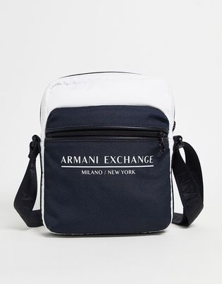 Armani Exchange logo crossbody bag in white/navy