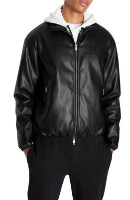 Armani Exchange Logo Embroidery Faux Leather Jacket in Black