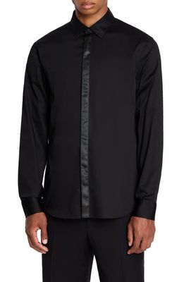 Armani Exchange Logo Tape Stretch Cotton Button-Up Shirt in Solid Black