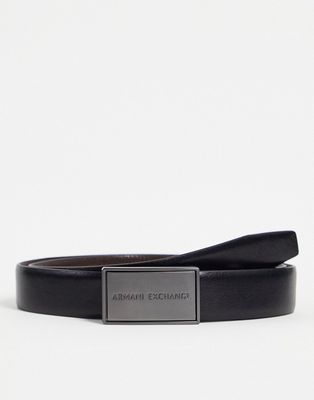 Armani Exchange plaque buckle reversible leather belt in black/brown