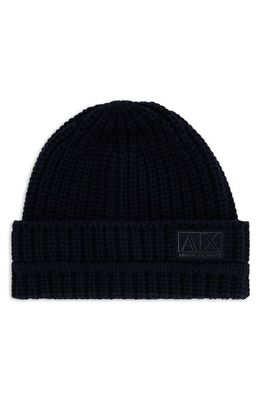 Armani Exchange Ribbed Wool Blend Beanie in Solid Blue Navy