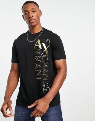 Armani Exchange side vertical logo print T-shirt in black & gold