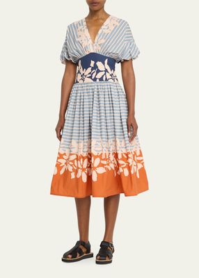 Armida Stripe Puff-Sleeve Midi Dress