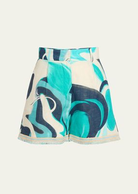 Arnit Abstract Frayed-Trim Linen Shorts