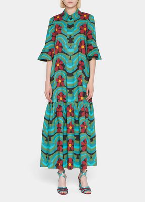 Artemis Wavy Floral-Print Ruffle-Cuff Maxi Shirtdress