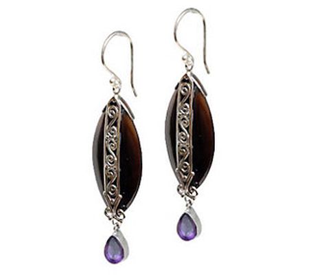 Artisan Crafted Black Shell Amethyst Dangle Ear rings, Sterling