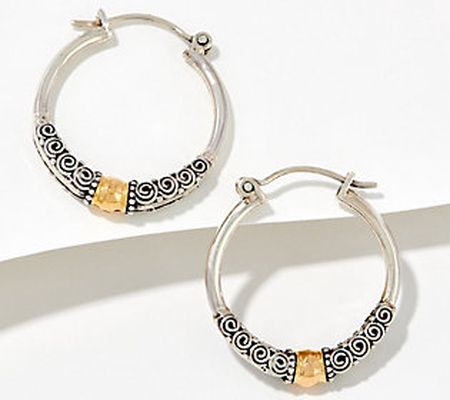 Artisan Crafted Filigree Accent Hoop Earrings, Sterl & 18K