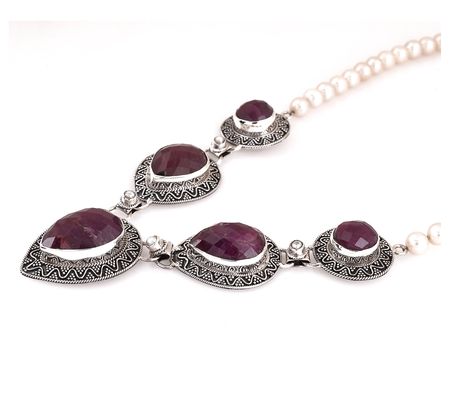 Artisan Crafted Sterling Indian Ruby & Cultured Pearl Necklace