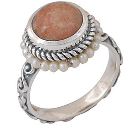 Artisan Crafted Sterling Sunstone & Cultured Pe arl Halo Ring