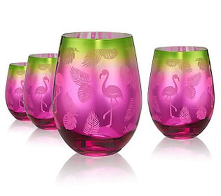 Artland Set of 4 Flamingo Tropics Stemless Wine Glasses
