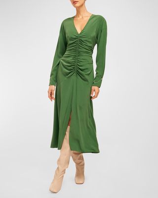 Arya Ruched Front-Slit Silk Midi Dress