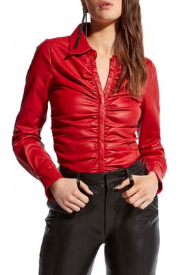 AS by DF Rouge Ruched Leather Button-Up Shirt in Coco Red