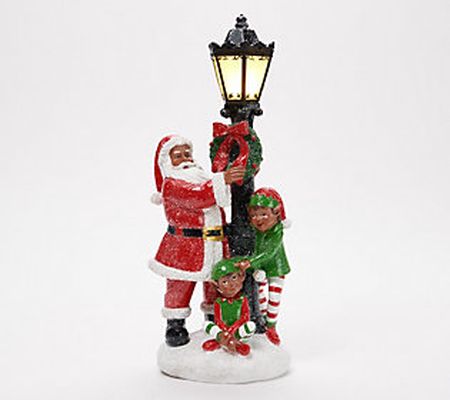 As Is 14.5" Santa-Elves Stack w Illum Lamp Post by Valerie
