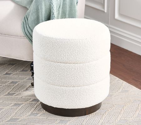 As Is 18" Round Boucle Storage Ottoman w/Wood by BrightBazaar