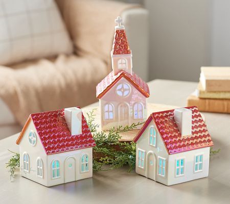 As Is 3-Pc Illuminated Porcelain Villageby Valerie