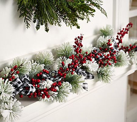 As Is 4' Snowy Pine & Berry Garland w/Checked Ribbon -Valerie