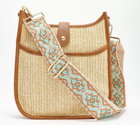 As Is AHDORNED Raffia Tab Messenger with Printed Strap
